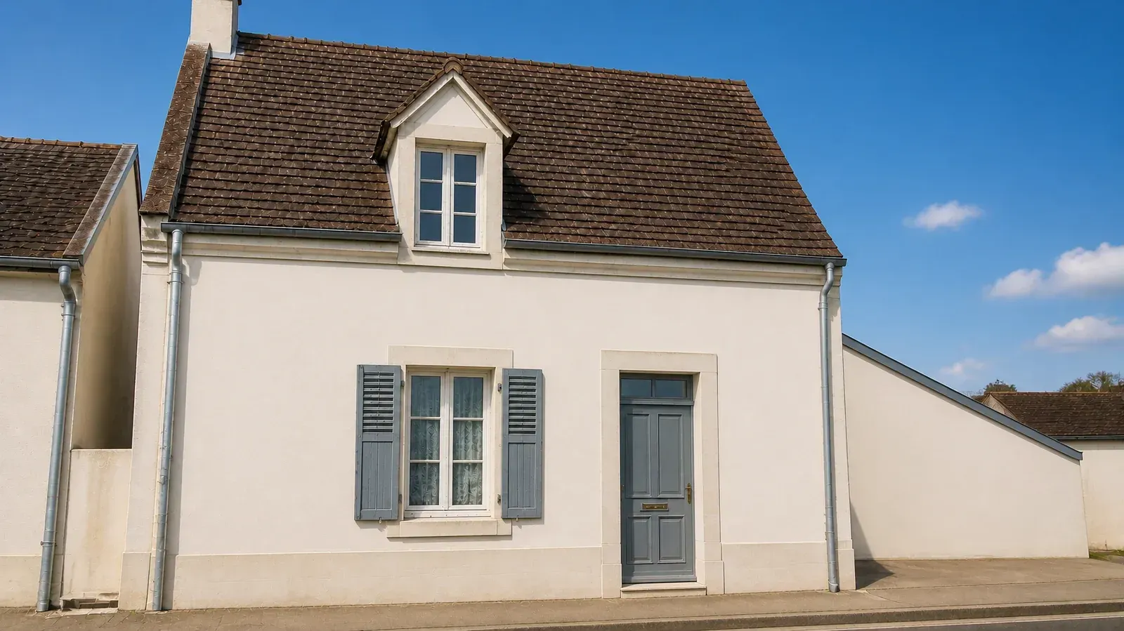 Petite maison blanche au toit en tuiles, derrière un mur de pierre et un portail en métal, sous un ciel bleu
