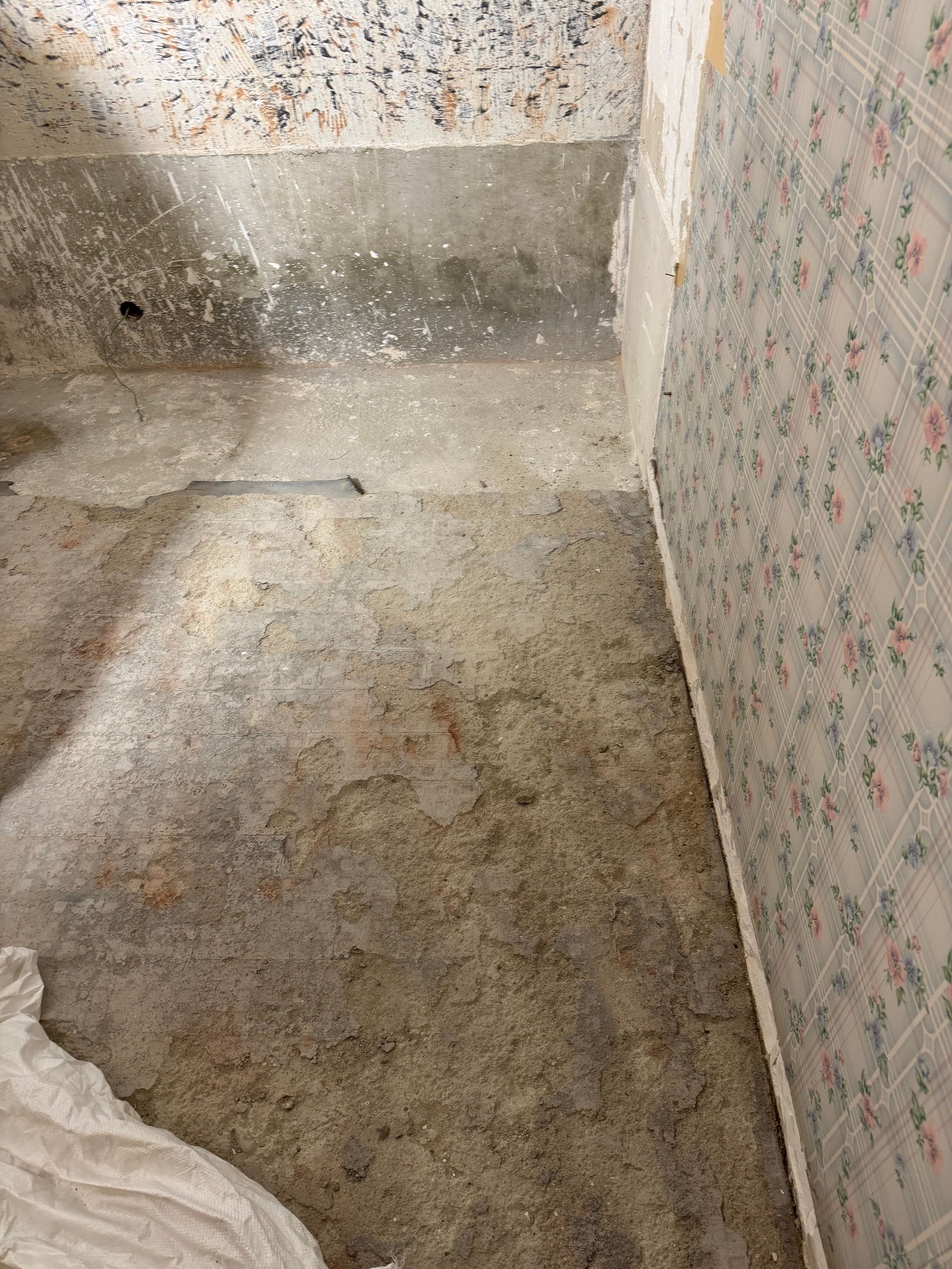 Sol en béton et mur partiellement tapissé. La pièce est en cours de construction ou de rénovation.