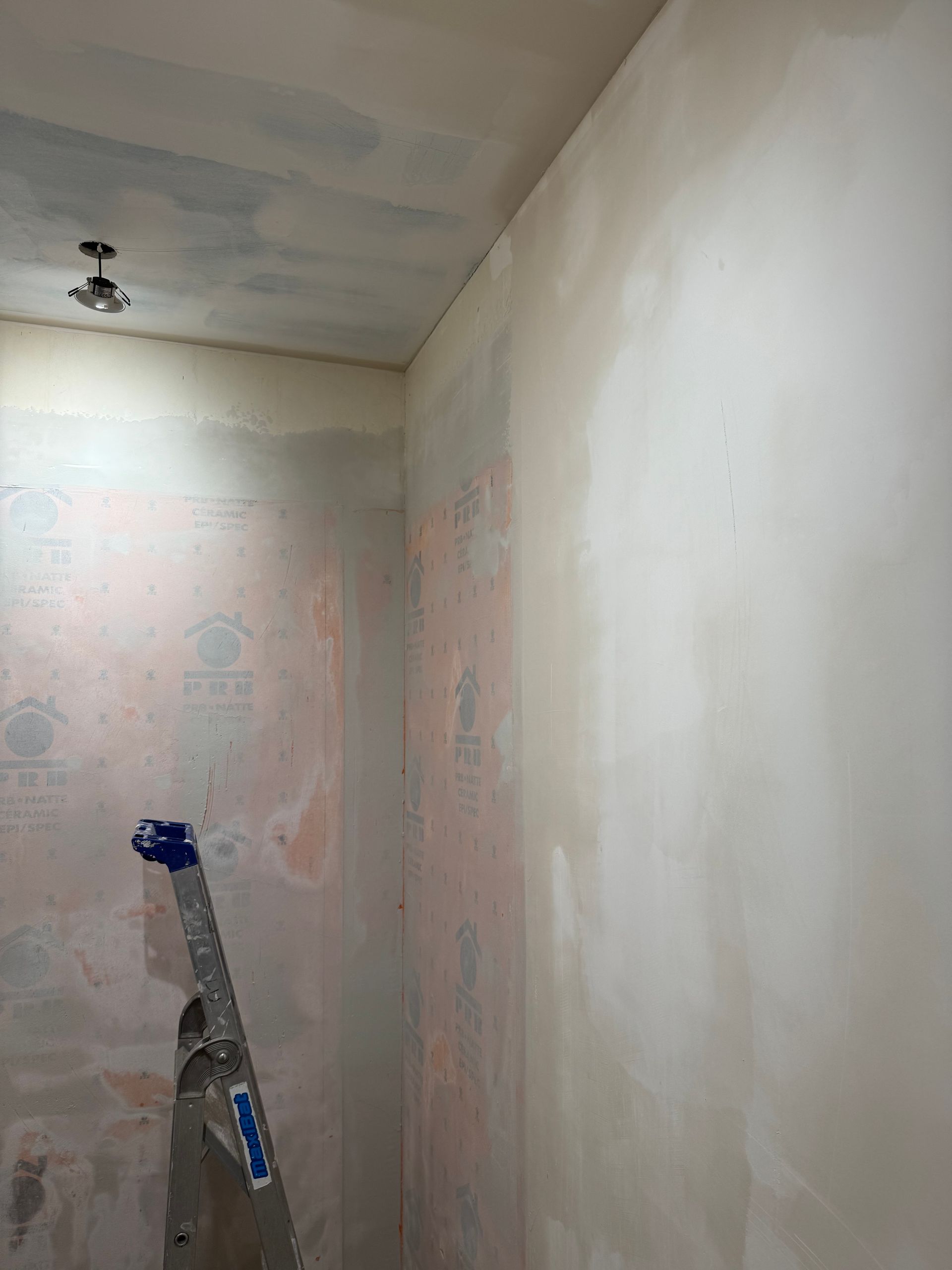 Chambre aux murs partiellement peints. Une échelle est appuyée contre un mur où se trouve un vieux papier peint.