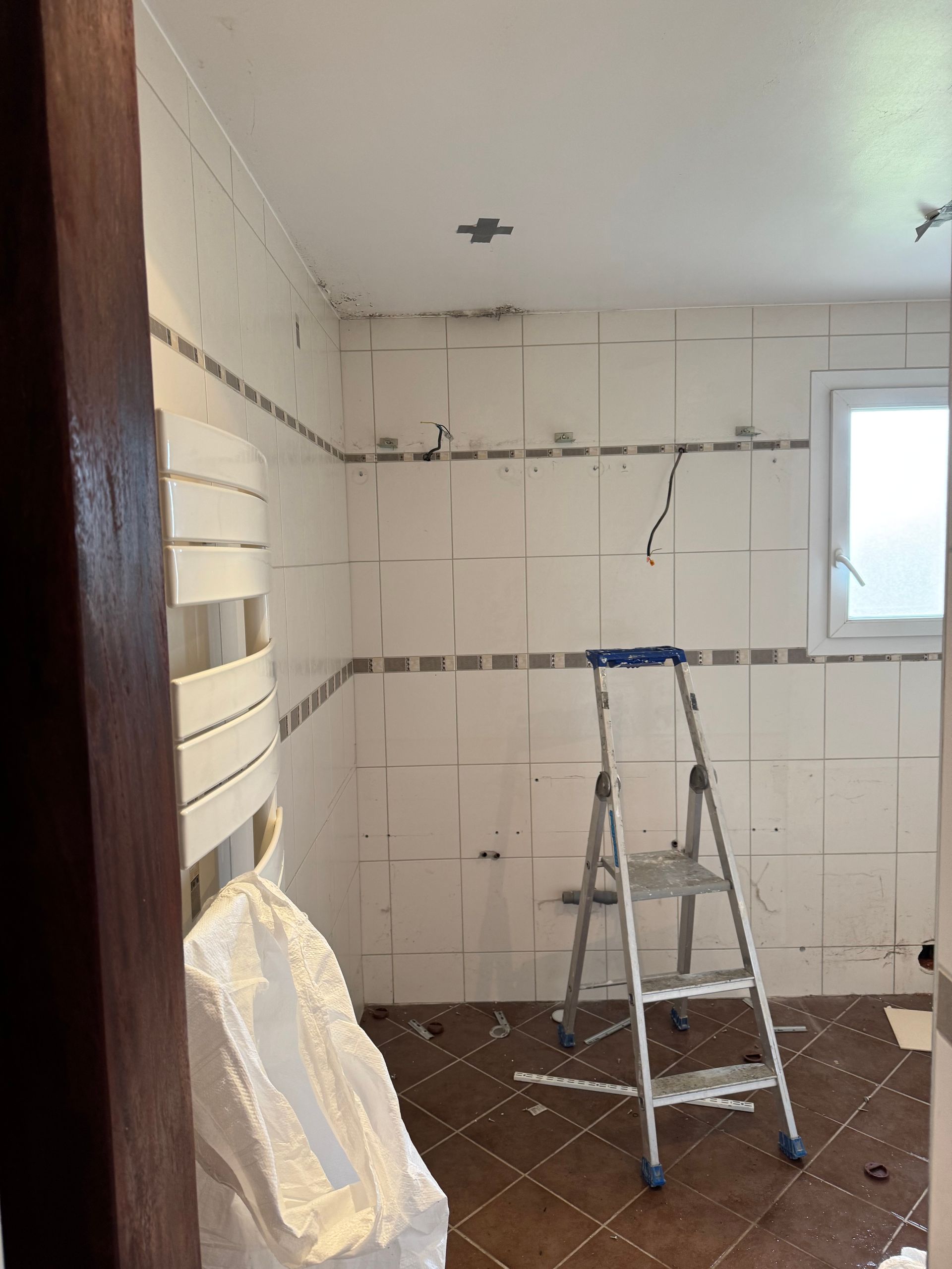 Salle de bain en rénovation avec échelle, câblage apparent et murs partiellement carrelés.