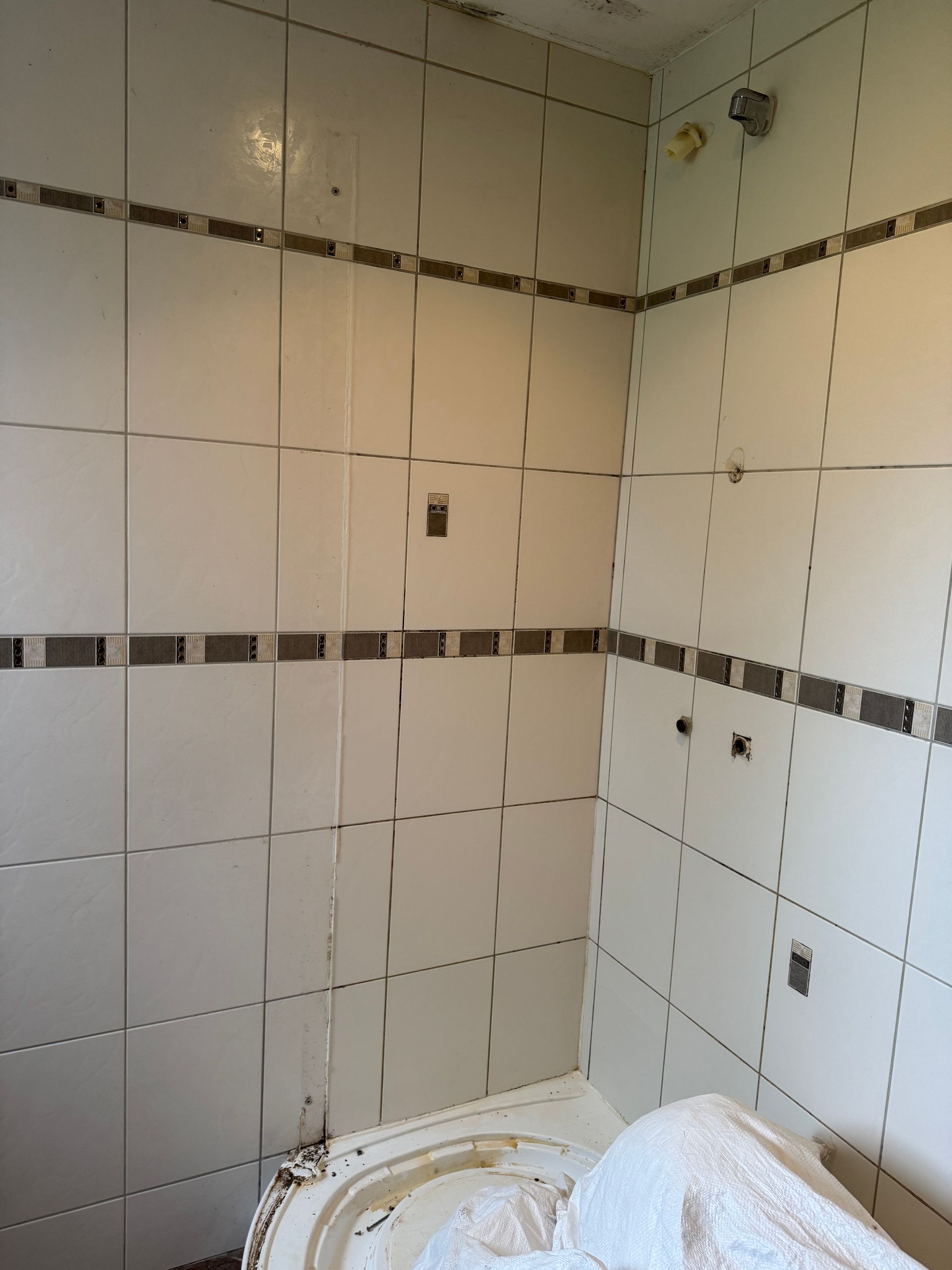 Murs carrelés de la salle de bain, avec une bordure décorative en carrelage foncé et des accessoires.