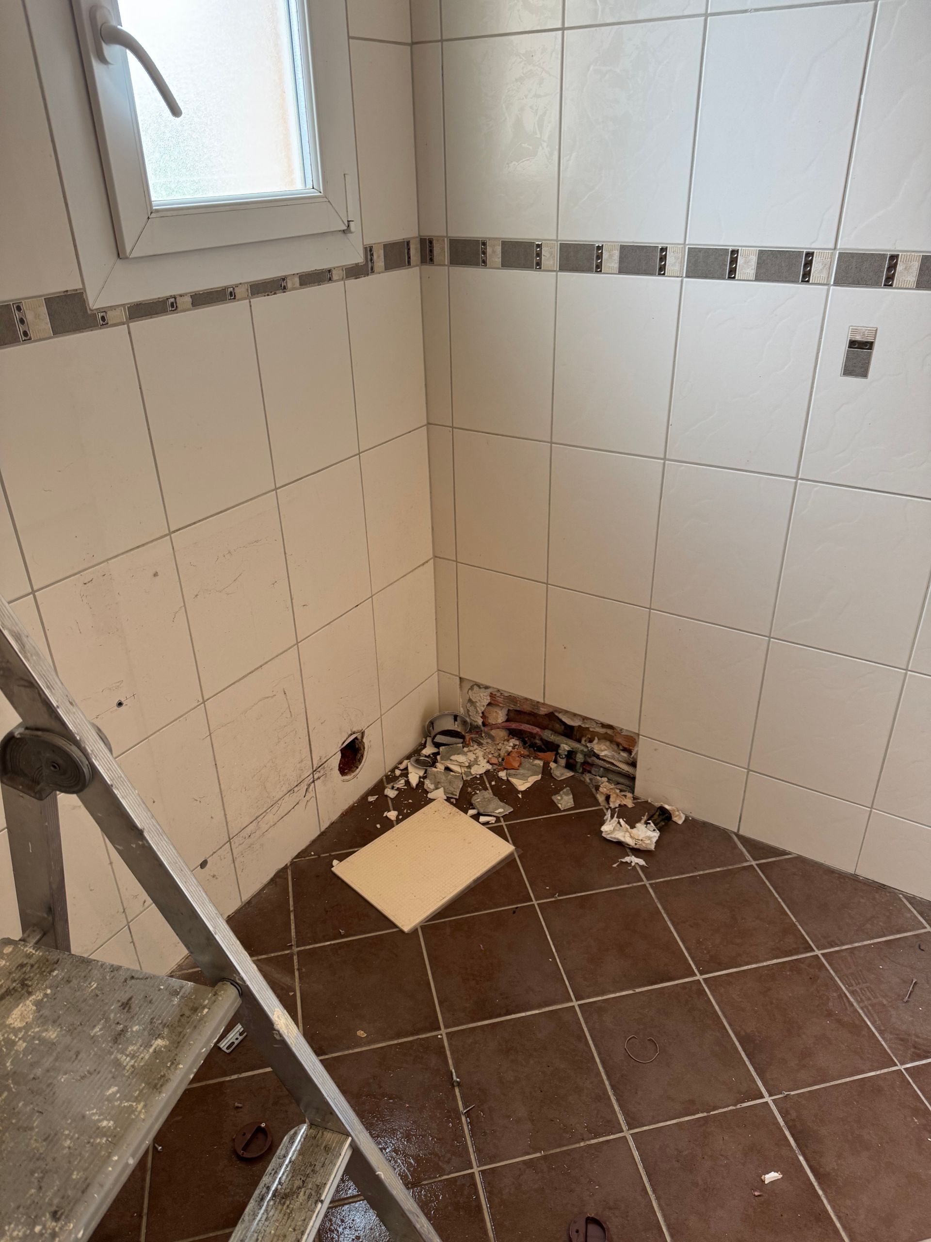 Carrelage mural partiel avec sol en carrelage marron, en rénovation