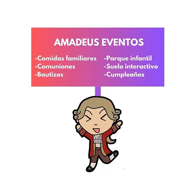 Una niña de dibujos animados sostiene un cartel que dice Amadeus Eventos.