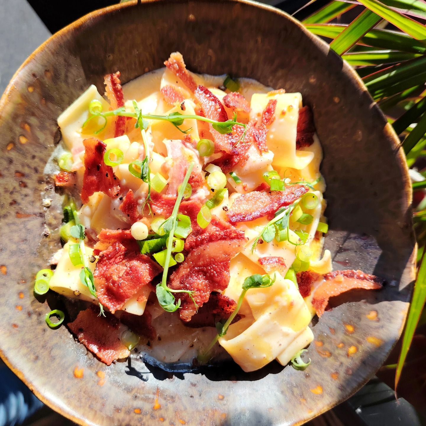 Pâtes carbonara au bacon et aux oignons verts, servies dans un bol brun.