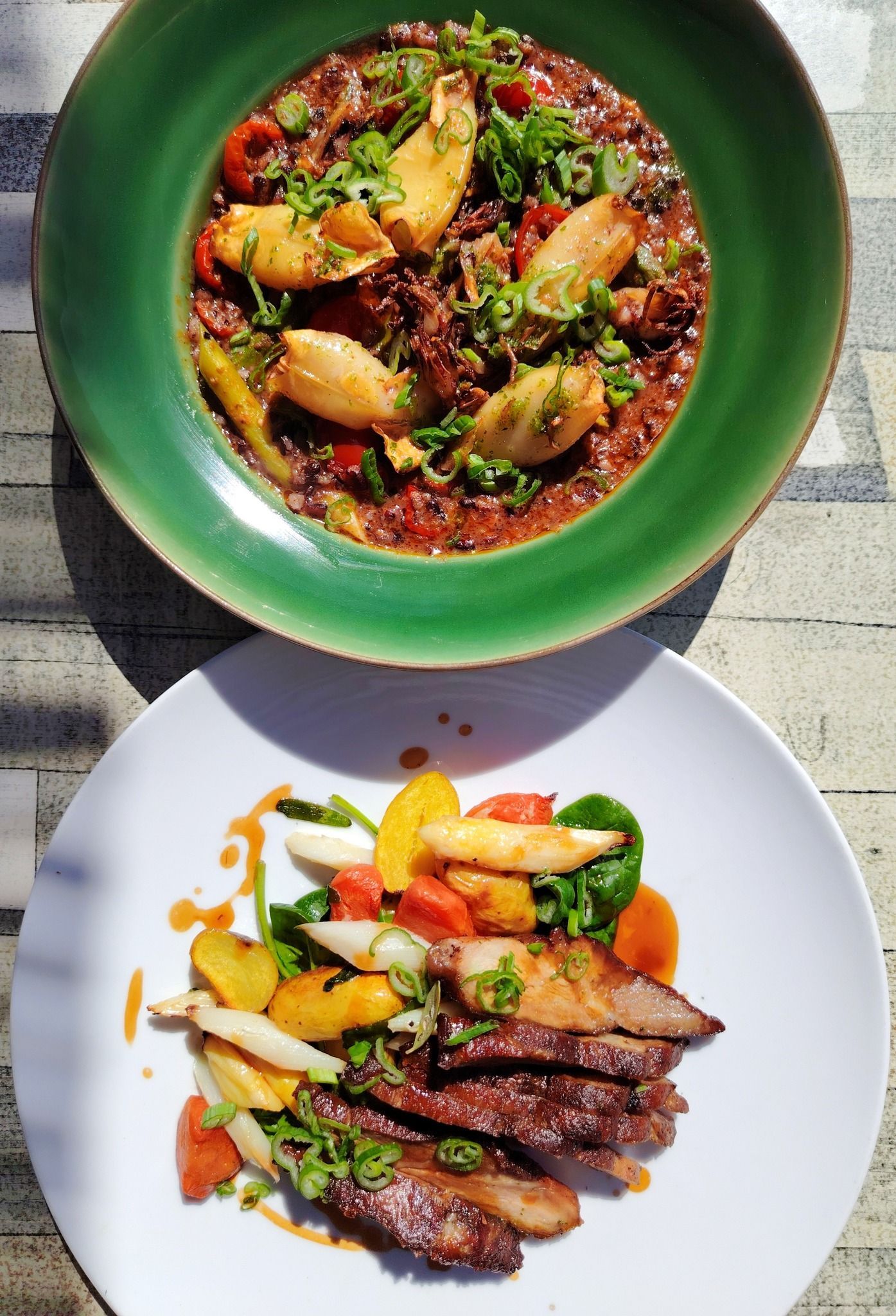 Deux assiettes de nourriture, une verte avec du ragoût et des quenelles, une blanche avec de la viande et des légumes.