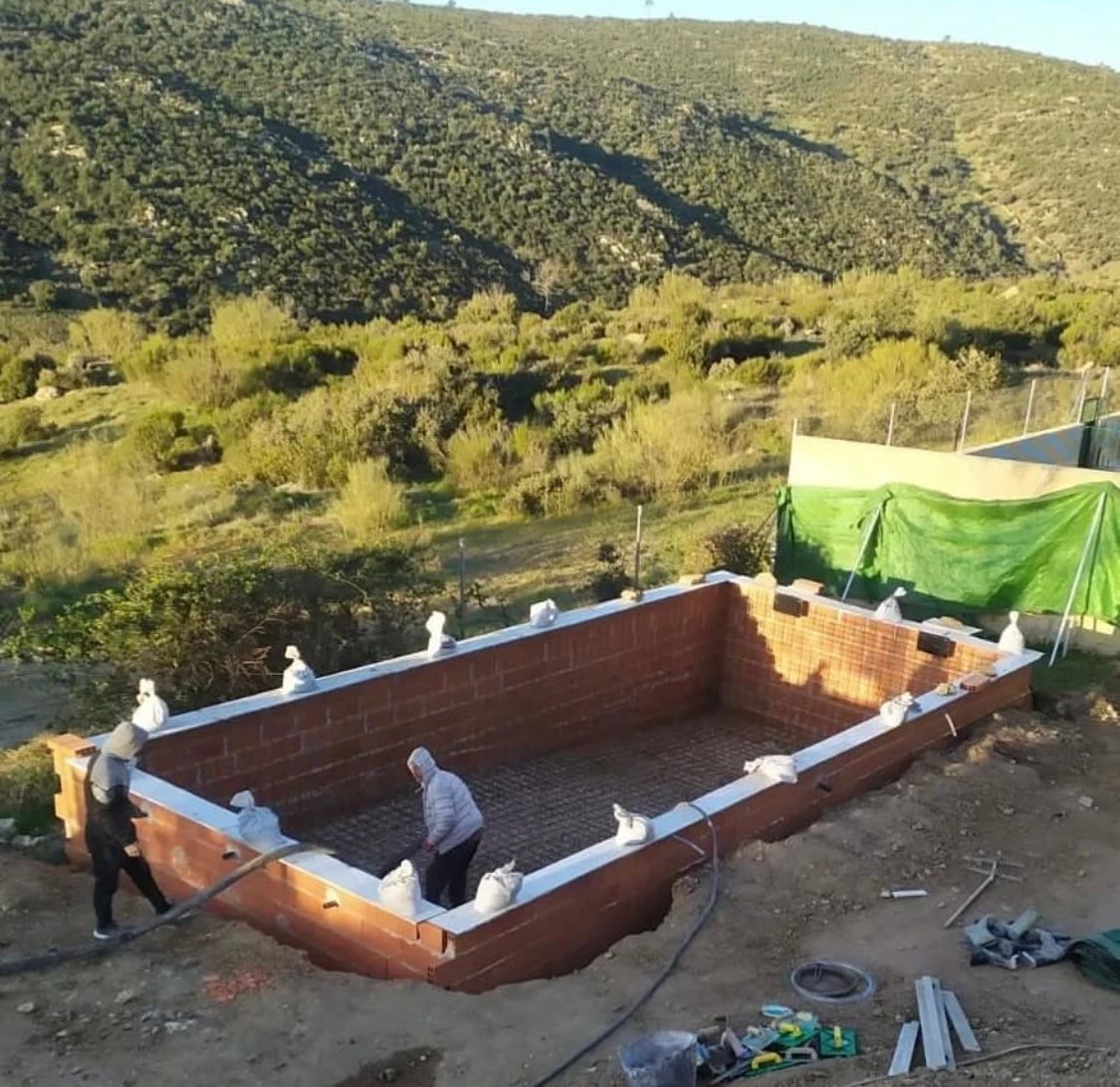 Se está construyendo una gran piscina de ladrillos en medio de un bosque.