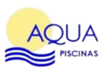 El logotipo de Aqua Piscinas muestra un sol y olas.