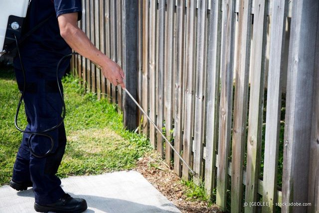 Eine Person besprüht einen Holzzaun mit einem langen Stab, vermutlich zur Schädlingsbekämpfung.