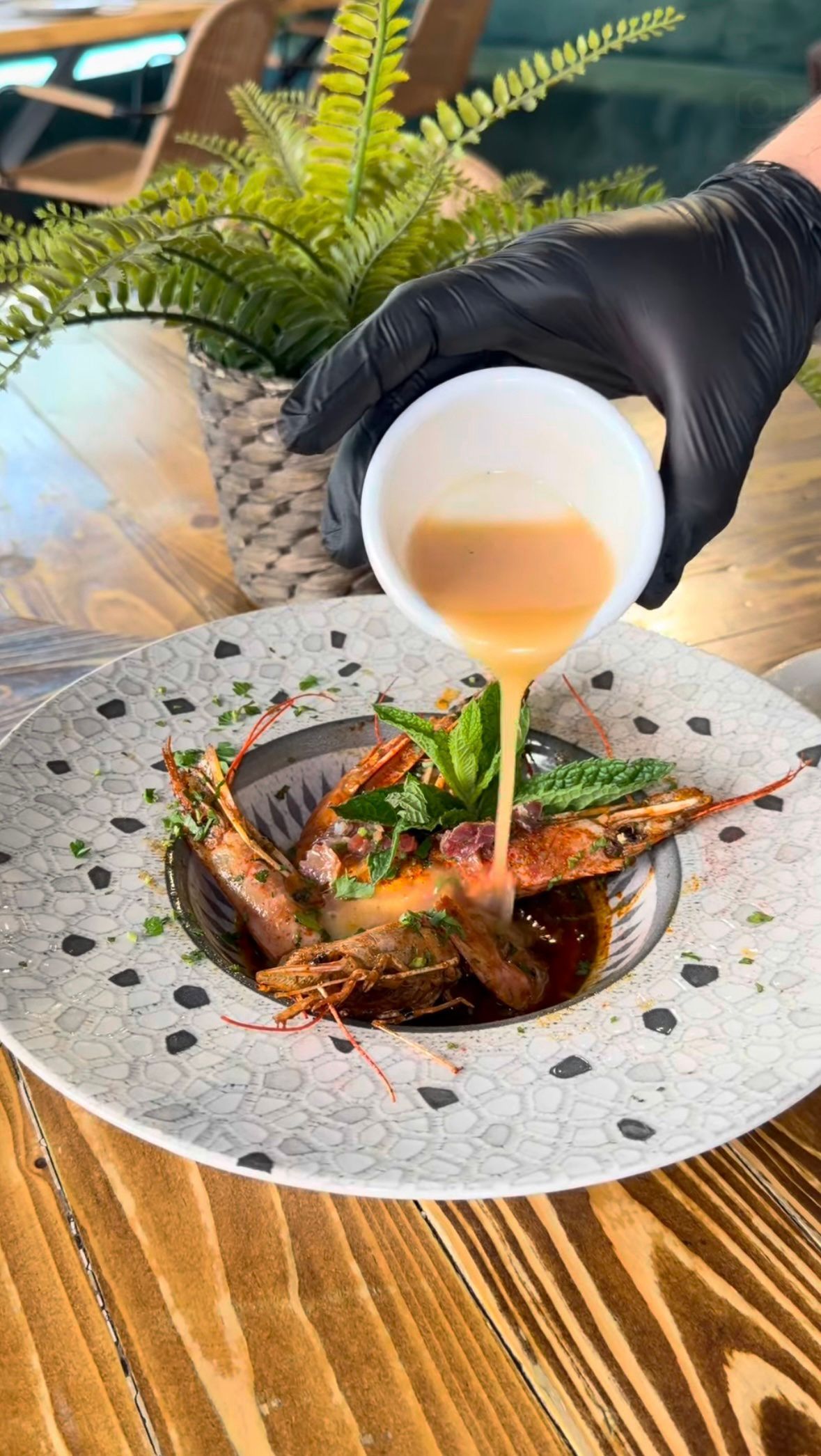 Chef vertiendo salsa sobre un plato gourmet emplatado en un plato blanco moteado en una mesa de madera.