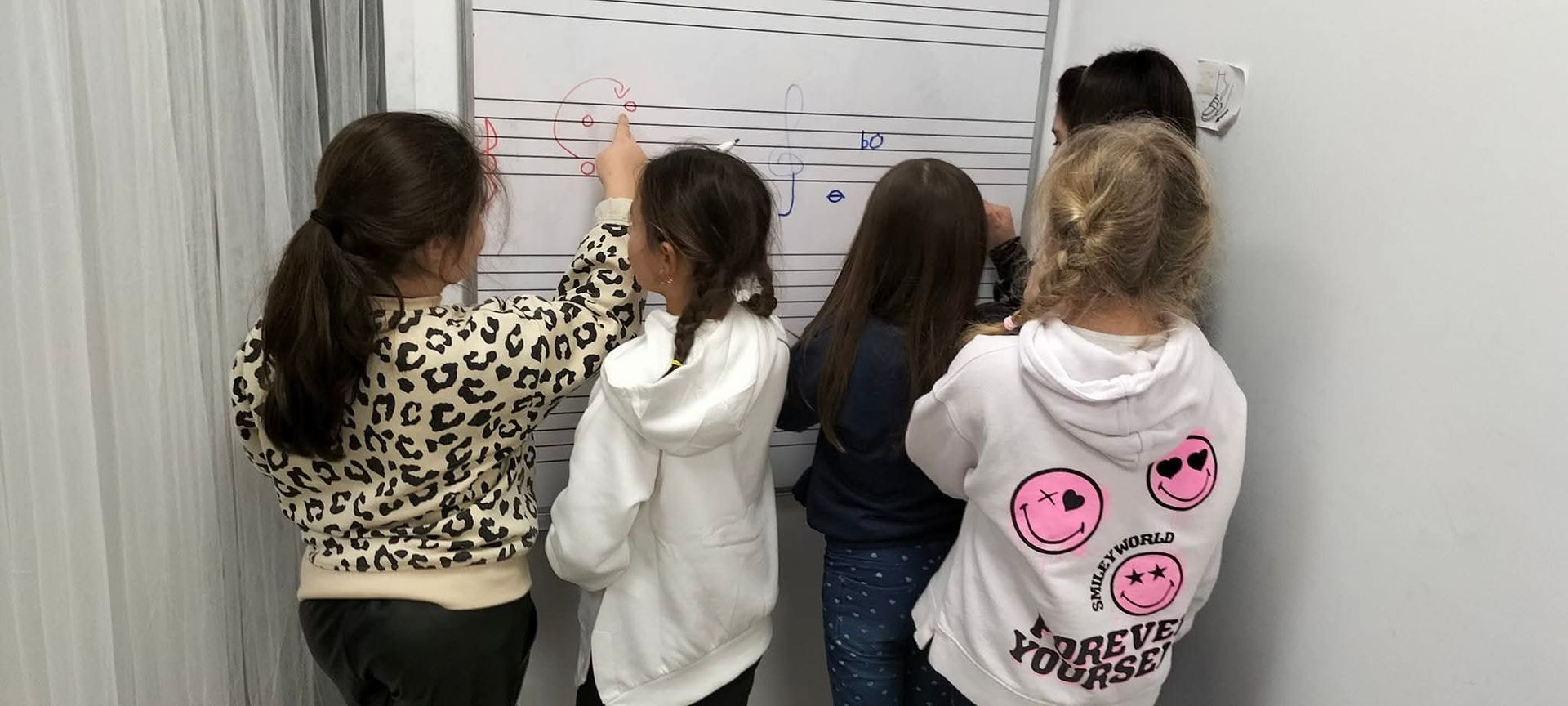 Cuatro niñas de pie frente a un cartel mural, leyendo y señalando apuntes durante una actividad grupal.