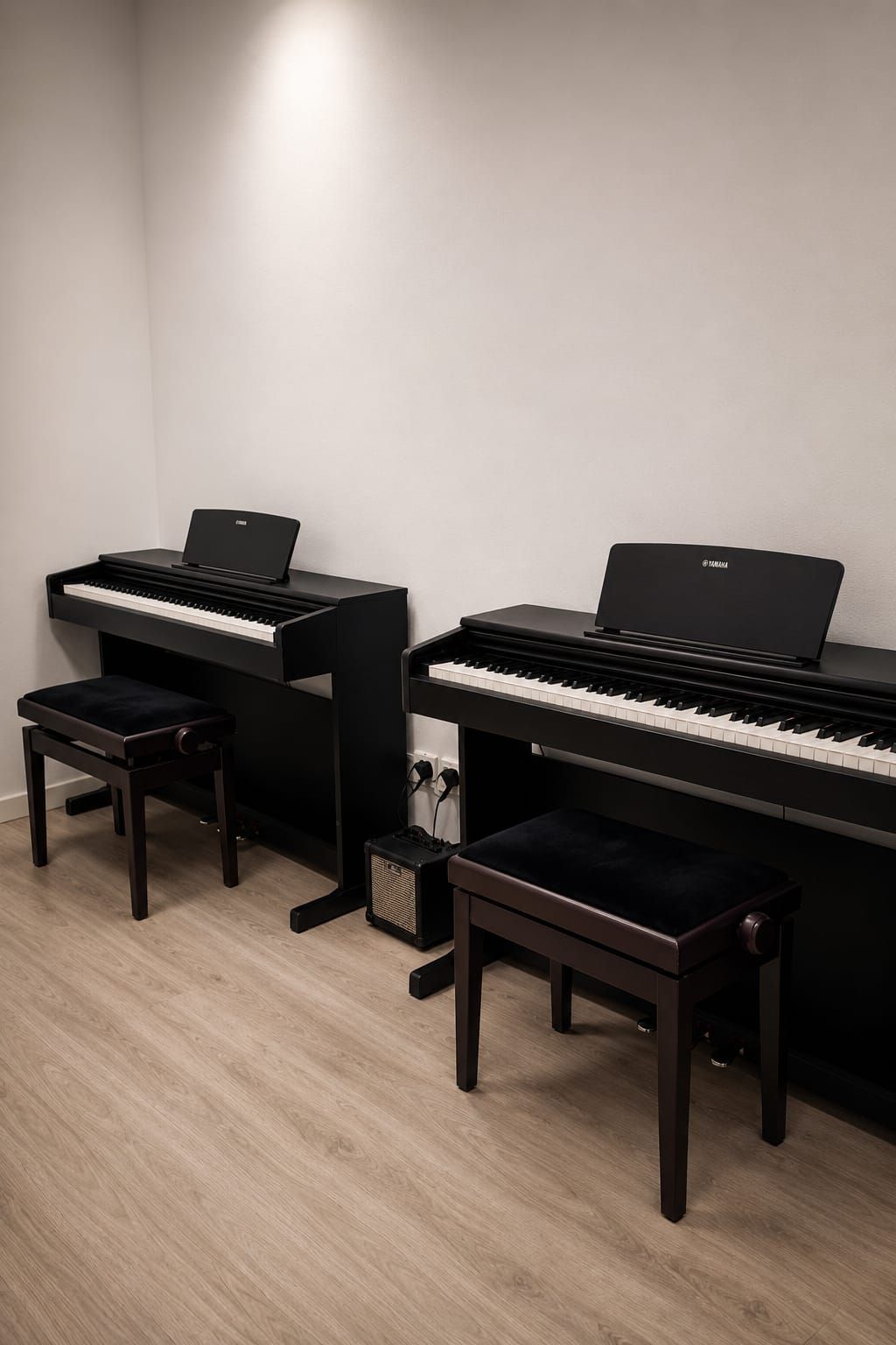 Un piano vertical negro con banqueta y una guitarra contra una pared moteada en una habitación.