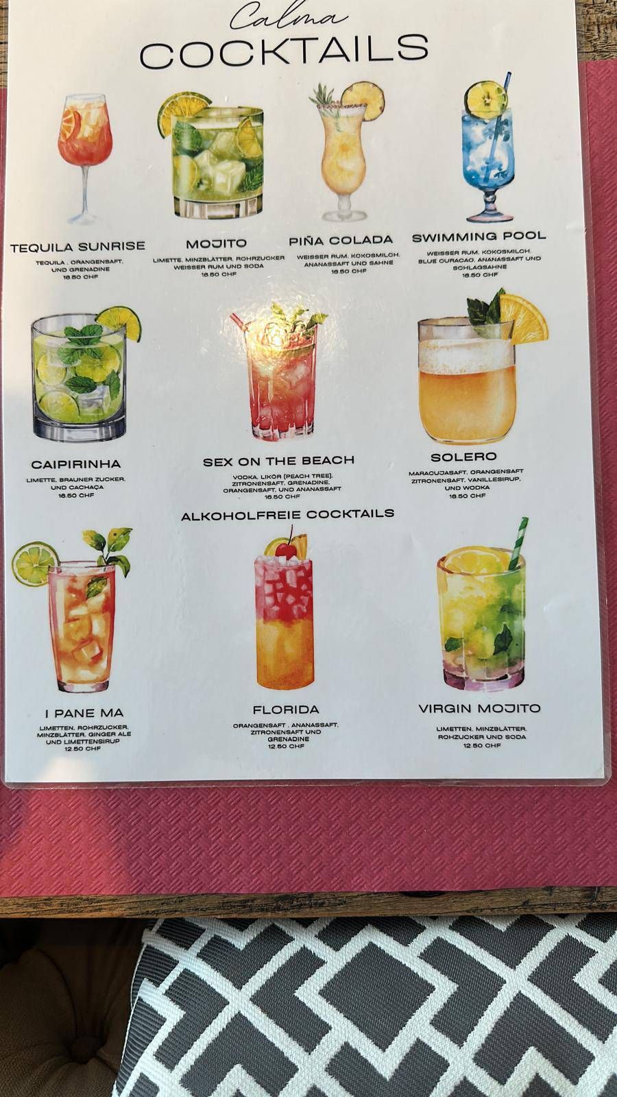 Cocktailkarte mit farbenfrohen Illustrationen der Getränke und ihrer Namen auf weissem Hintergrund.