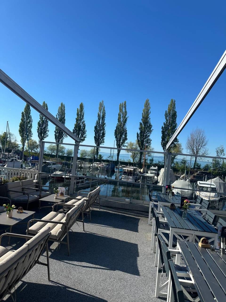 Aussenterrasse des Yachthafens mit Bänken und Tischen, Blick auf Boote und hohe Bäume unter klarem, blauem Himmel
