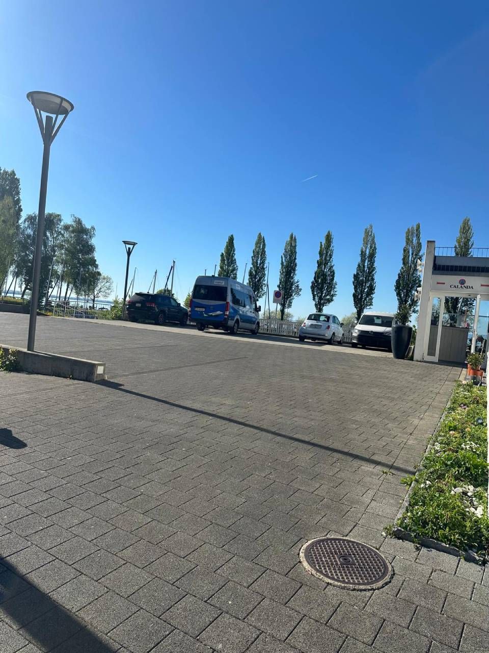 Sonniger, gepflasterter Parkplatz mit geparkten Autos, hohen Bäumen und blauem Himmel