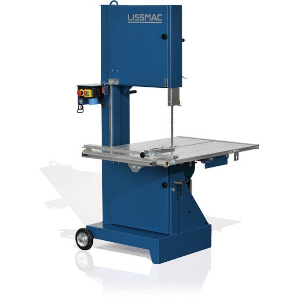 Eine blaue Lissmac Bandsäge liegt auf einem Tisch