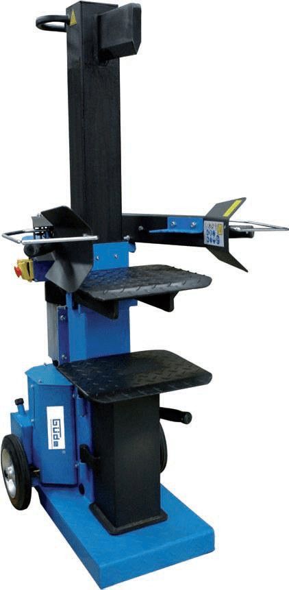 Ein blau-schwarzer Holzspalter mit Rädern auf weißem Hintergrund