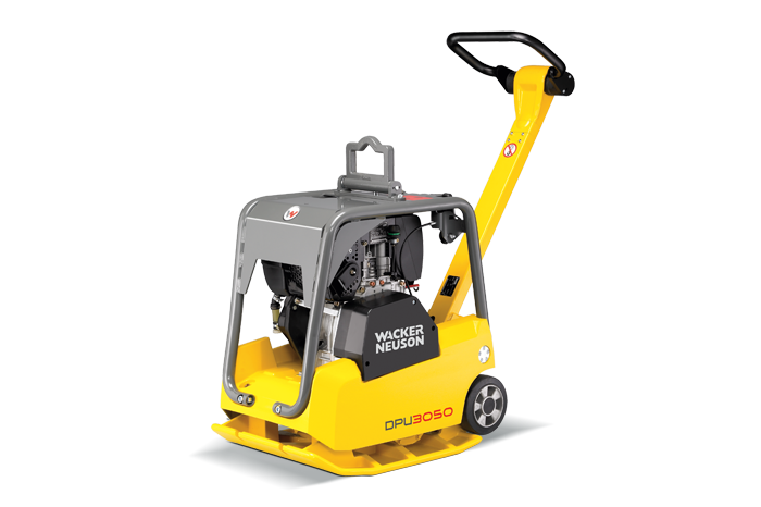 Eine gelb-graue Maschine mit einem Griff auf weißem Hintergrund.