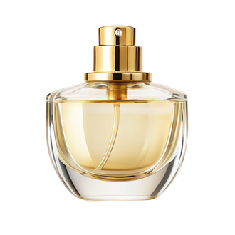Un flacon de parfum transparent aux accents dorés, rempli de liquide jaune.