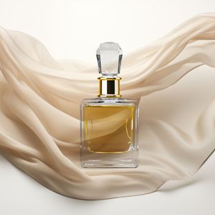 Flacon de parfum aux accents dorés et au-dessus en cristal, posé sur un tissu beige fluide.