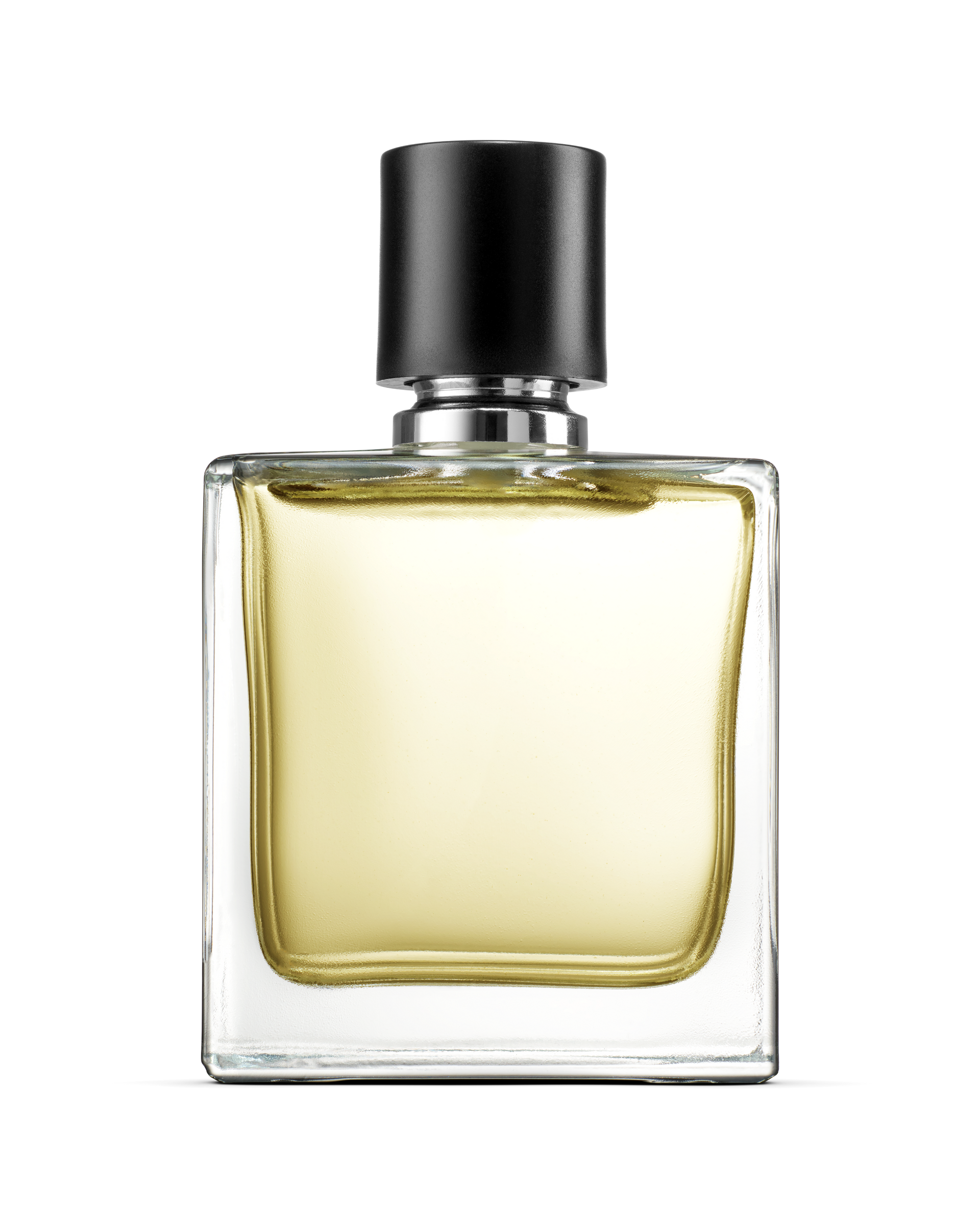 Flacon de parfum carré en verre avec bouchon noir et liquide jaune clair.