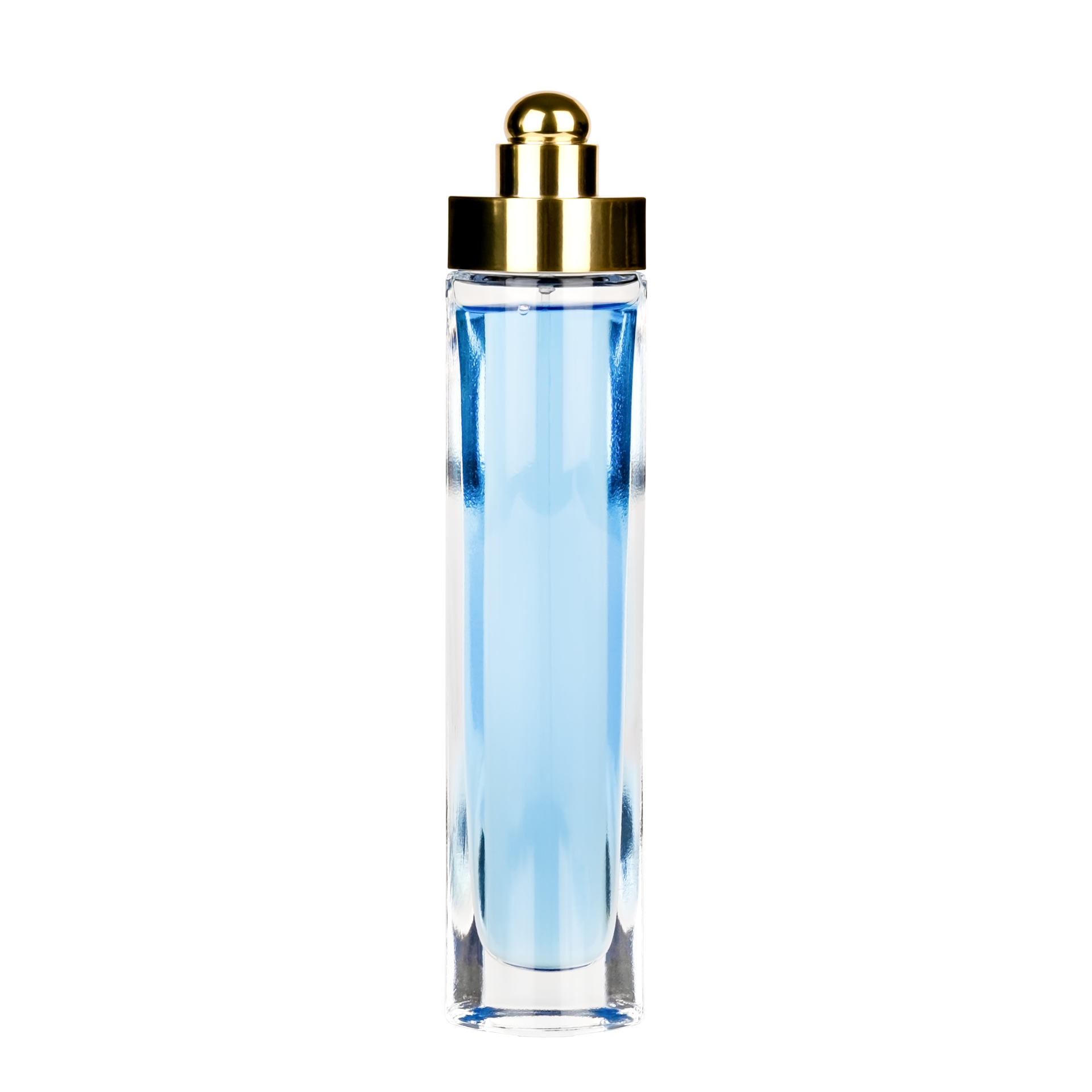 Flacon de parfum bleu avec bouchon doré.