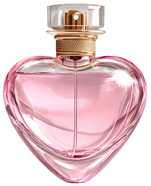 Flacon de parfum rose en forme de cœur avec des accents dorés et un bouchon transparent.