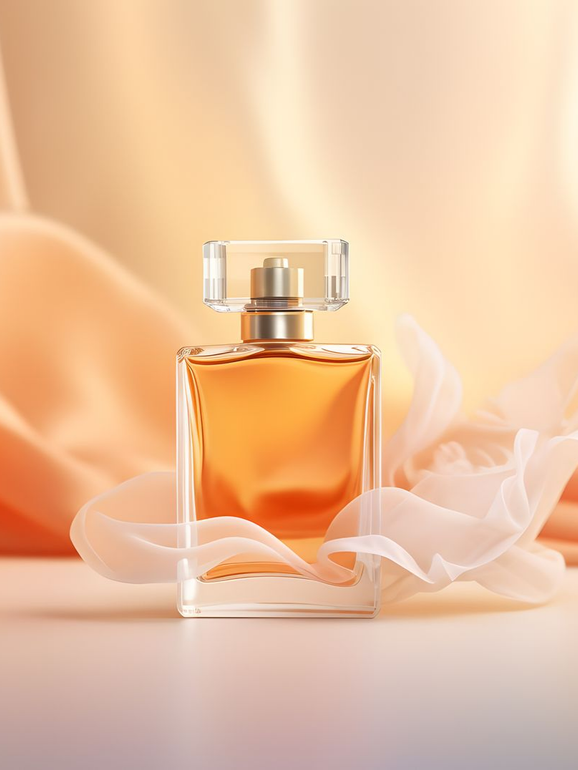 Flacon de parfum avec liquide orange, bouchon doré et verre transparent, devant un tissu couleur pêche.
