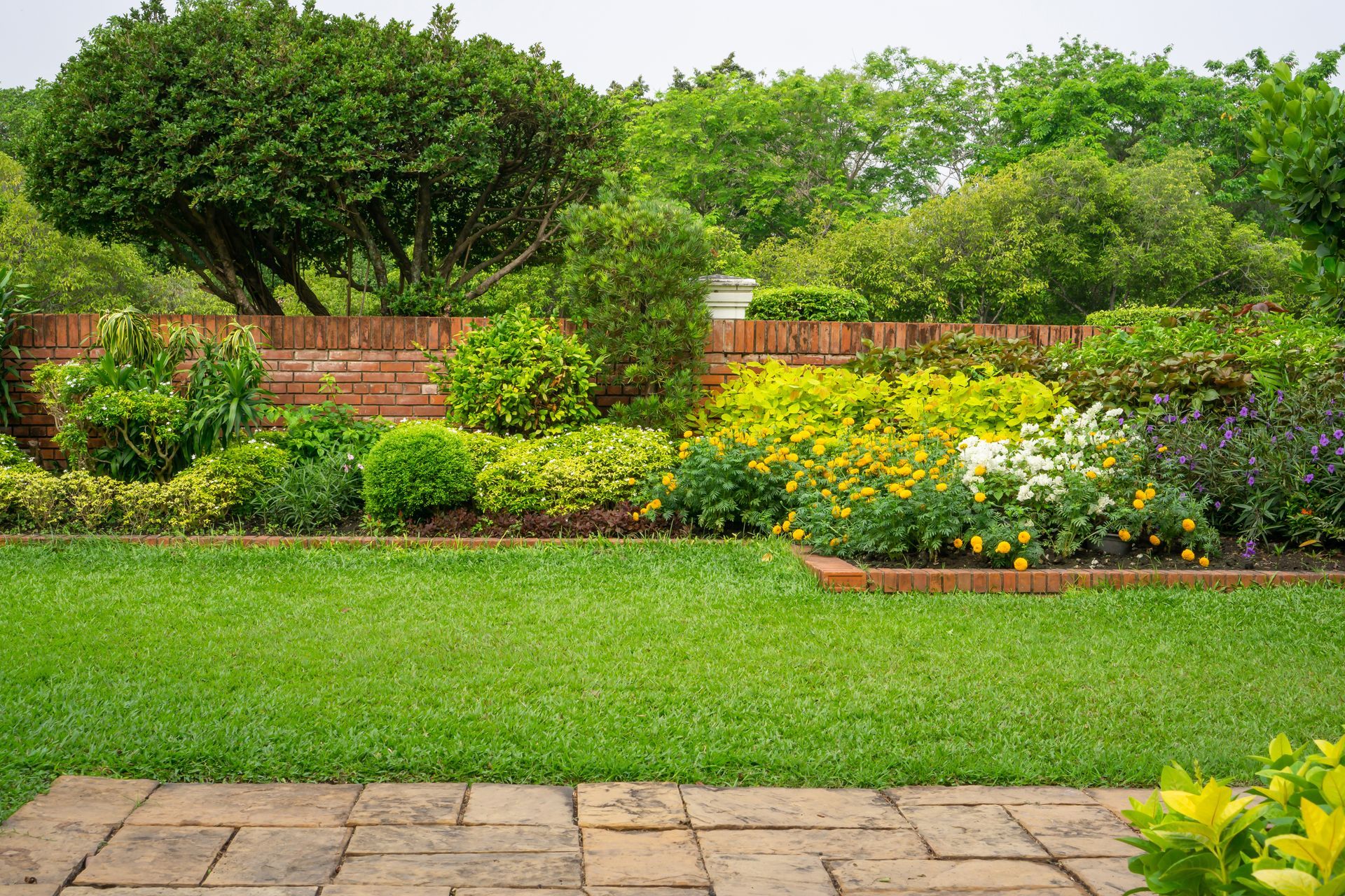 Jardin luxuriant avec pelouse verte, parterres de fleurs colorés, mur de briques et arbres baignés par la lumière du jour.