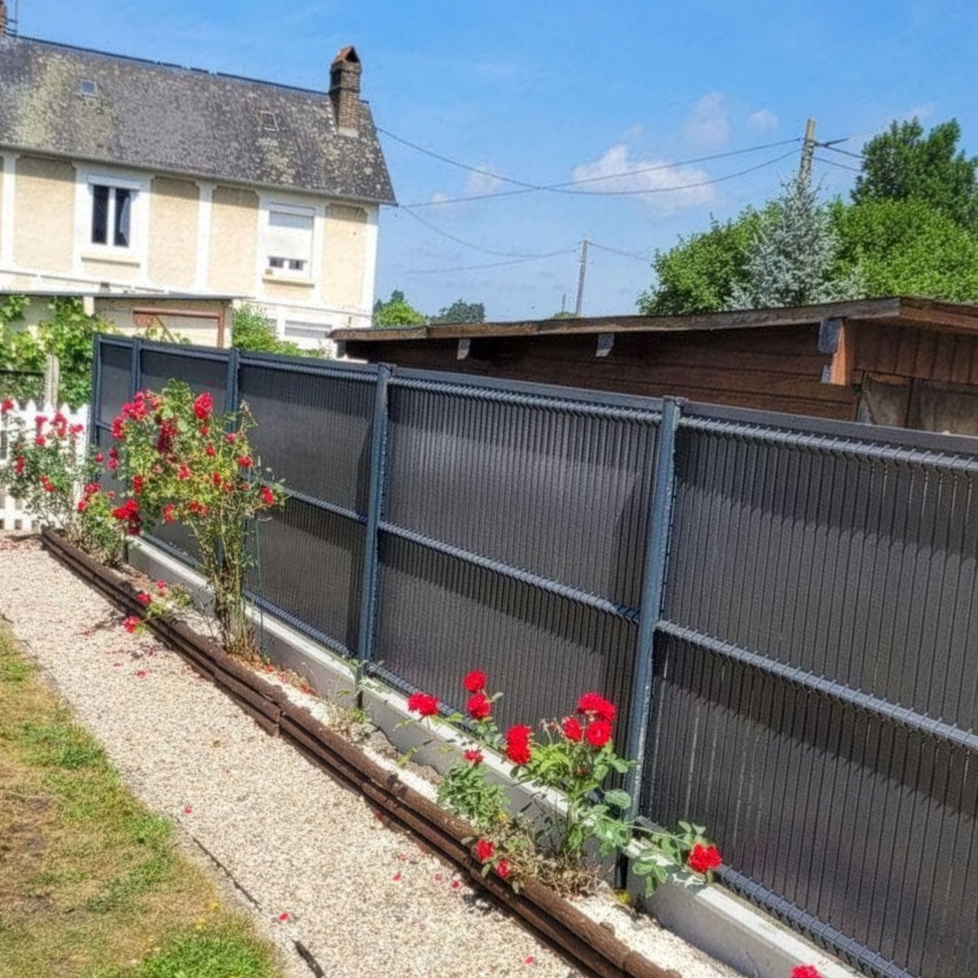 Jardin arrière avec une longue clôture sombre, un chemin de gravier et des plantes à fleurs rouges près d'une maison.