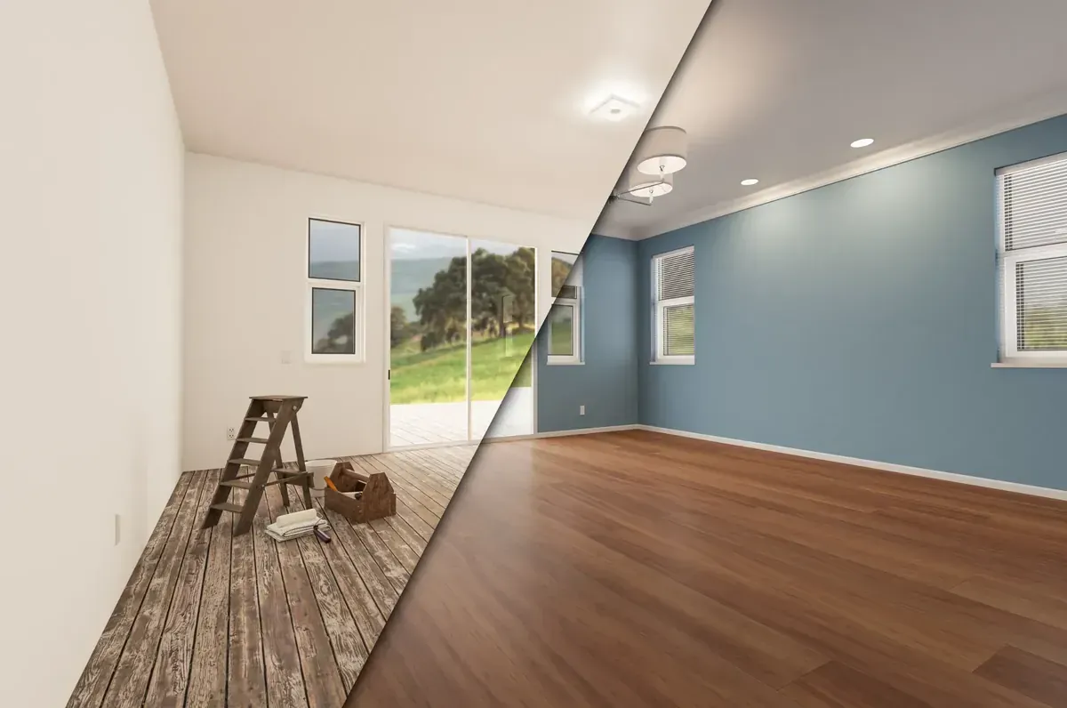 Comparación de renovación de habitaciones: antes con paredes y piso sin terminar; después con paredes azules .