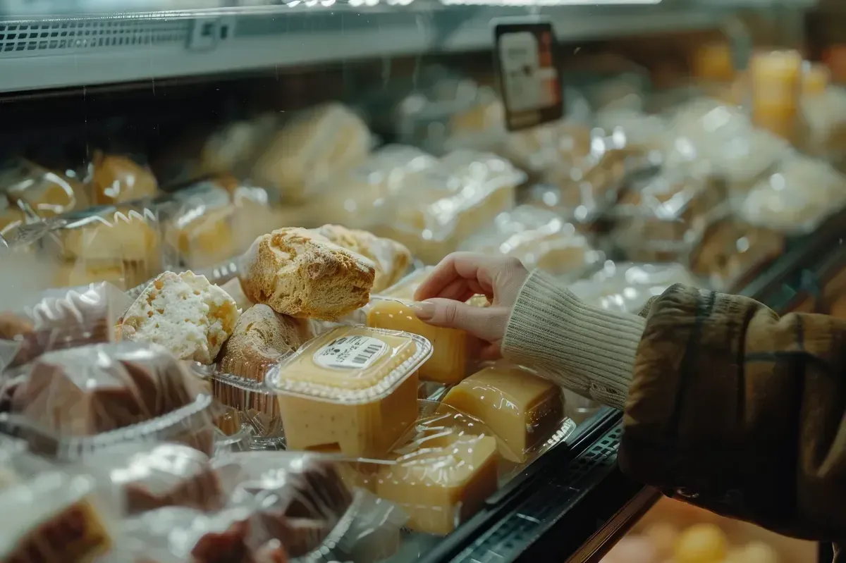 Mano que mete la mano en una vitrina refrigerada para seleccionar un producto horneado envasado.