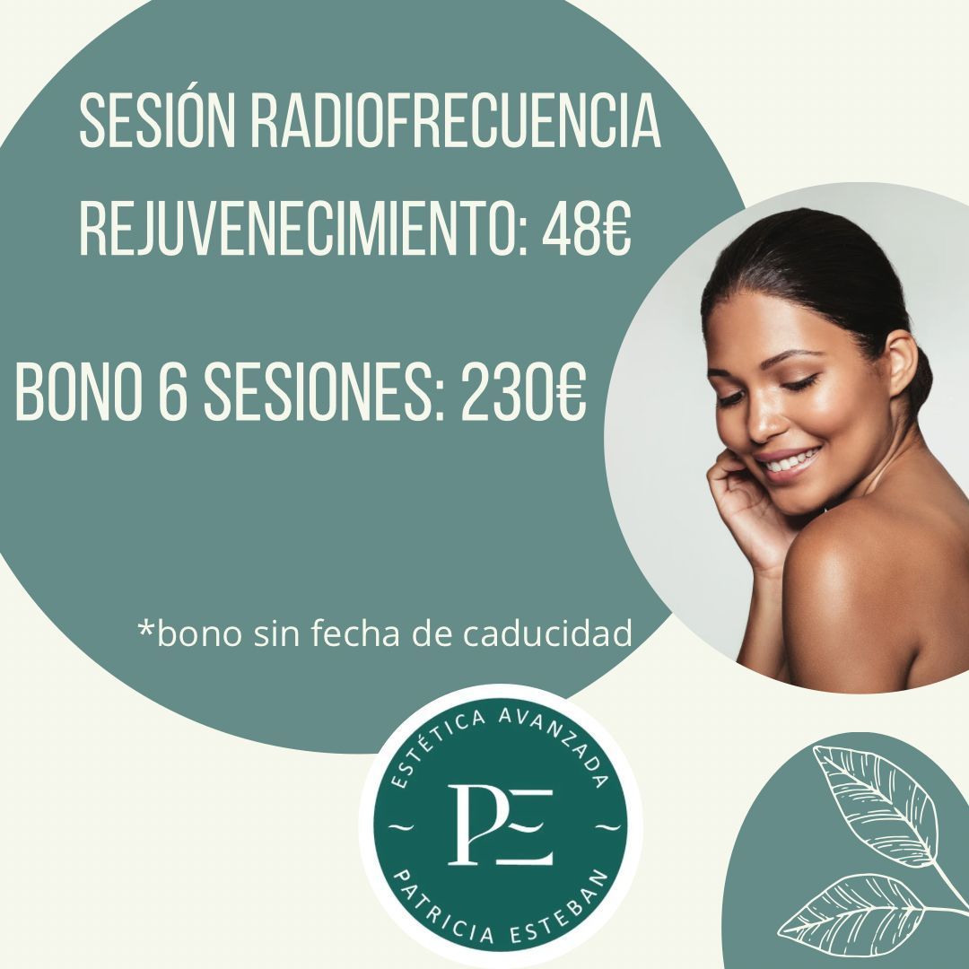 A woman is smiling in front of a sign that says sesion radiofrecuencia rejuvenecimiento 48 € bono 6 sesiones 230 €