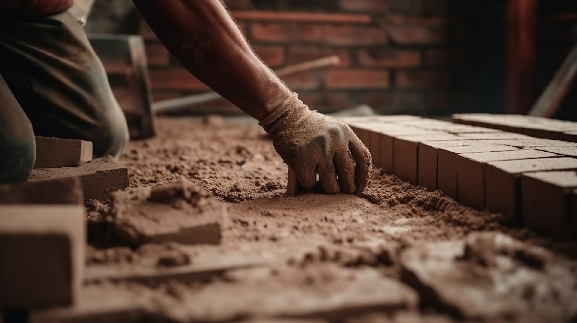 Personne portant un gant posant une brique sur la terre.