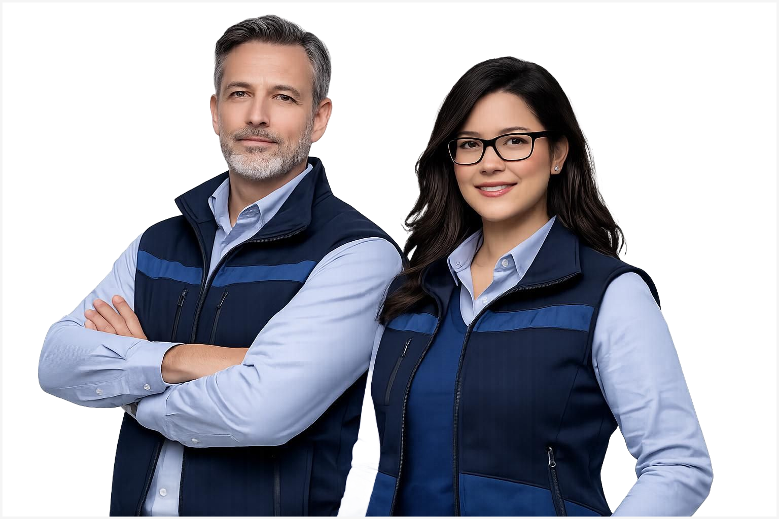 Dos trabajadores con chalecos reflectantes y cascos de seguridad permanecen de pie en una obra de construcción.