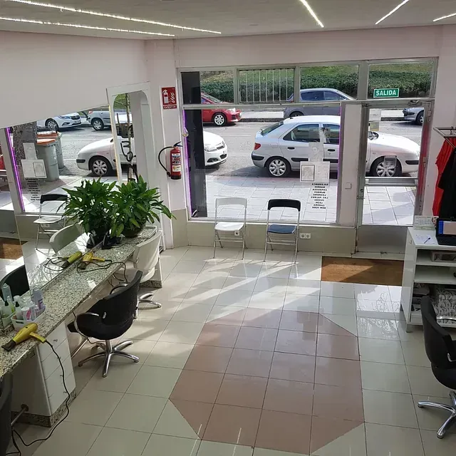 Una vista aérea de una peluquería con coches aparcados afuera.