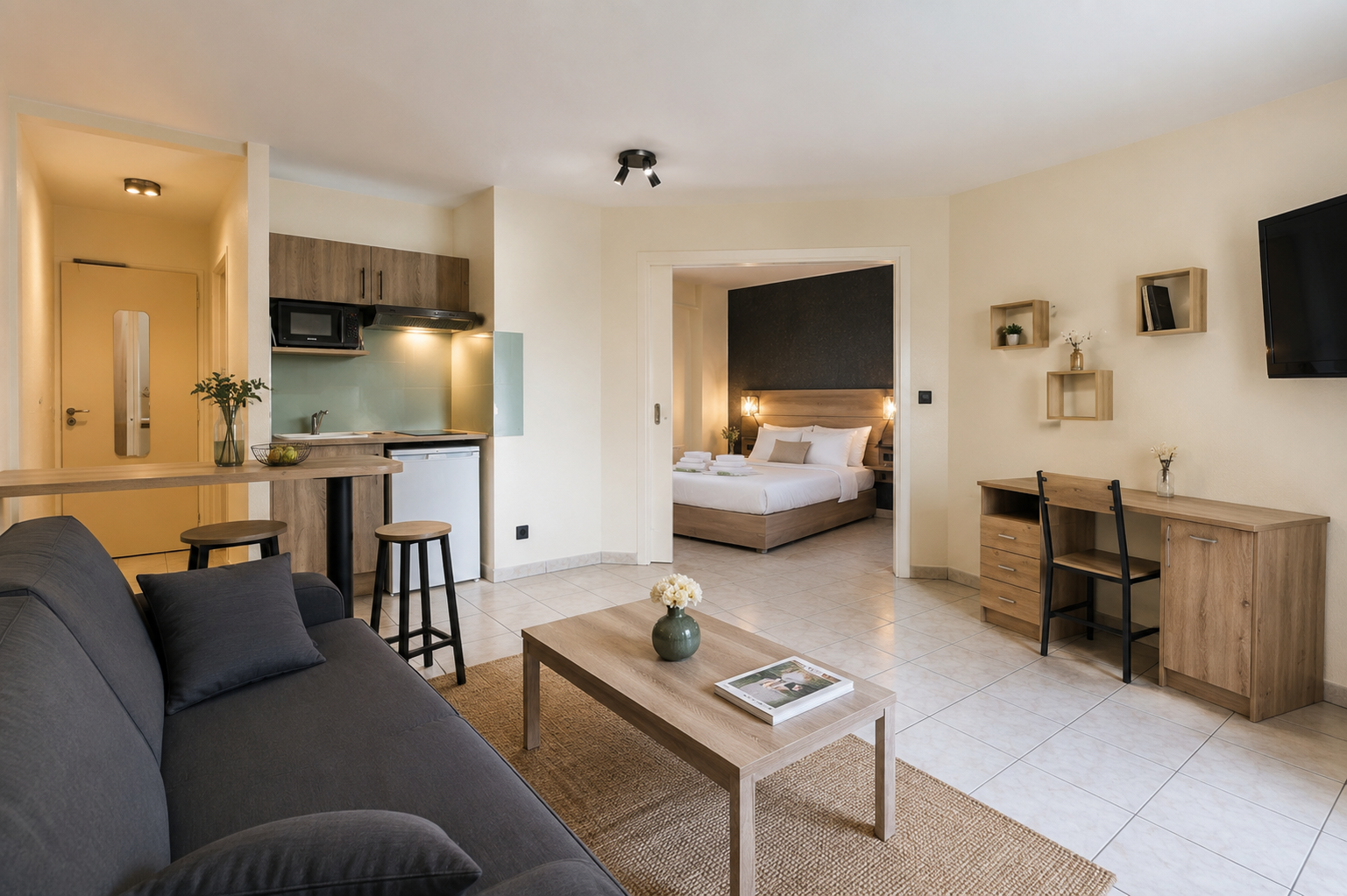 Pièce à vivre ouverte avec canapé, table basse, coin repas et chambre visible à travers une arche.