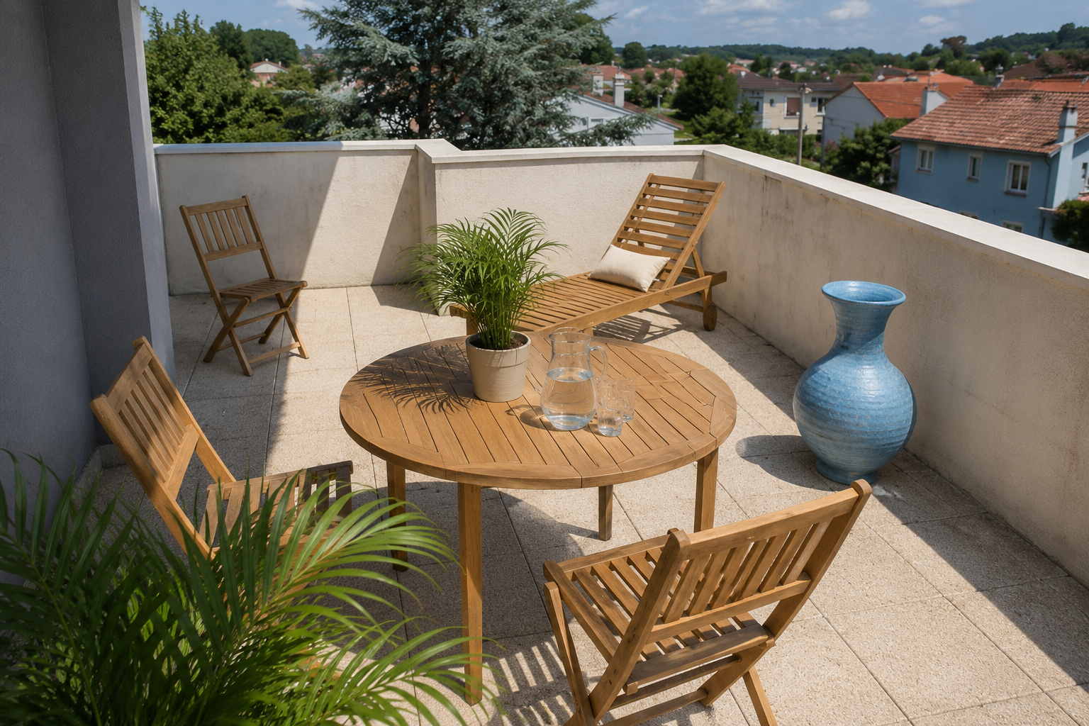 Balcon-terrasse avec table et chaises en bois, plante en pot et vase bleu donnant sur les toits.