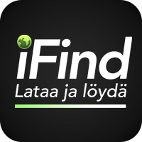 IFind-sovelluksen logo mustalla taustalla, valkoisella tekstillä ja vihreällä maapallokuvakkeella, iskulause ”Lataa ja löydä”