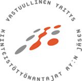 Pyöreä logo, jossa suomenkielinen teksti oransseja ja harmaita pisteitä ja swooshe-merkkejä ympäröimänä