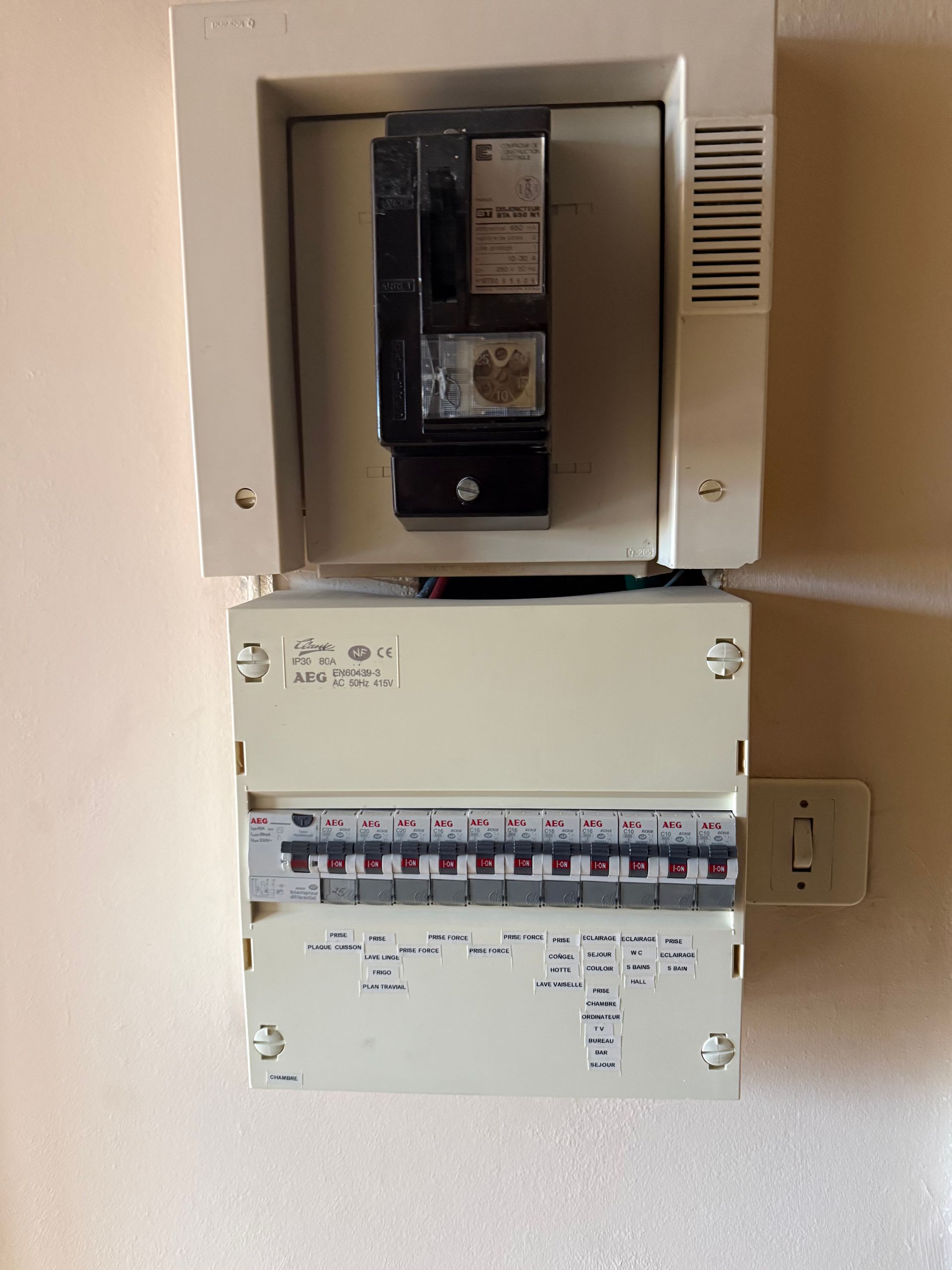 Tableau électrique et boîte à disjoncteurs fixés au mur dans une buanderie beige.