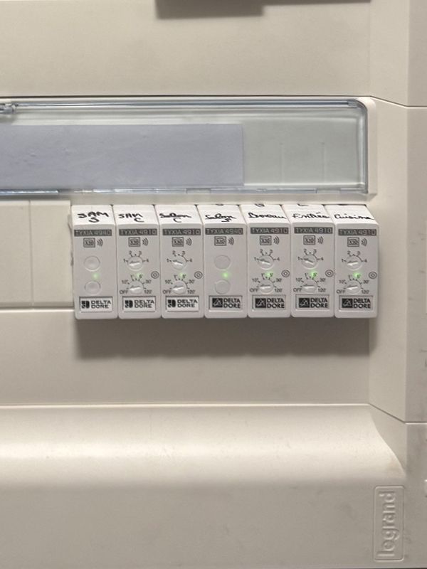 Rangée de disjoncteurs électriques dans un panneau blanc avec interrupteurs étiquetés sous un couvercle transparent