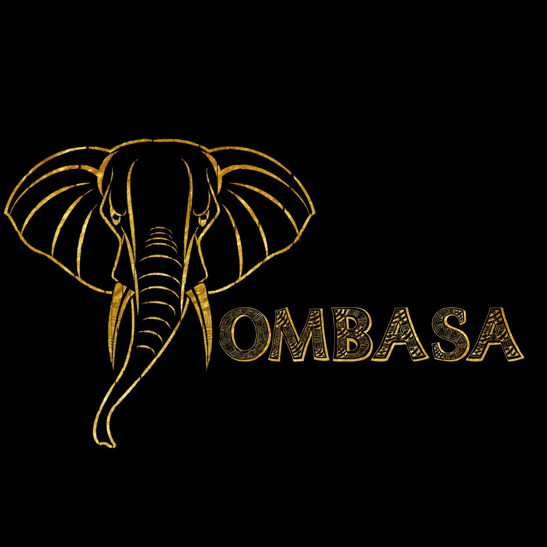 Logotipo de cabeza de elefante dorado con la palabra "OMBASA" sobre fondo negro.