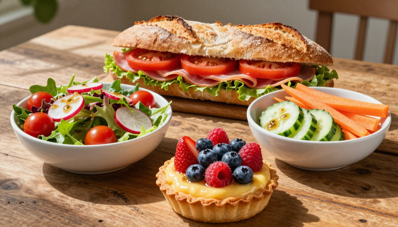 Un déjeuner complet composé d'un sandwich artisanal et d'une salade fraîche en boulangerie.