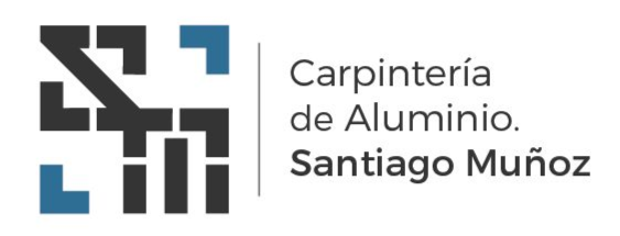Logo de Carpintería de Aluminio Santiago Muñoz con icono geométrico negro y azul