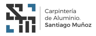 Logo de Carpinter&iacute;a de Aluminio Santiago Mu&ntilde;oz con icono geom&eacute;trico negro y azul