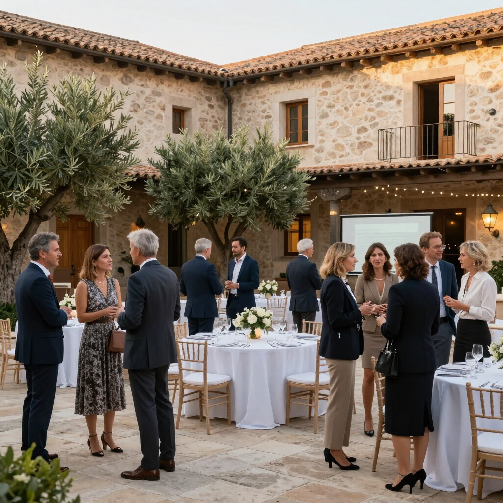Los invitados conversan en una recepción al aire libre en un patio, con mesas redondas y guirnaldas de luces al anochecer