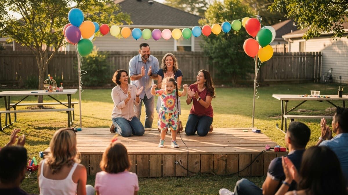Reunión familiar al aire libre junto a una casa rústica, con una mujer sosteniendo a un bebé en una mesa decorada bajo un árbol.
