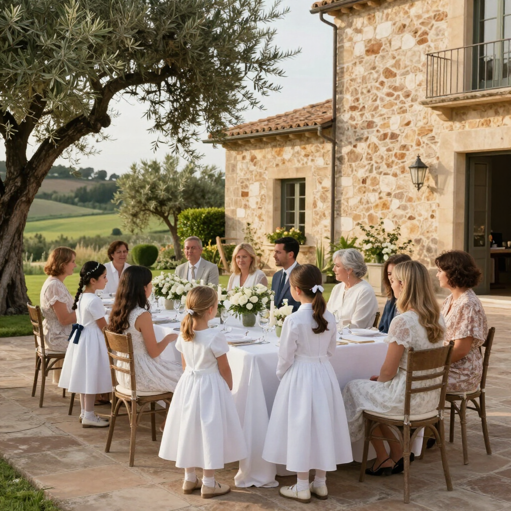 Los invitados se reúnen para una cena al aire libre en una rústica villa de piedra, con mesas vestidas de blanco y olivos.