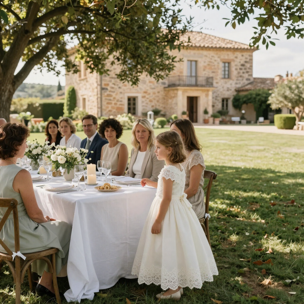 Invitados sentados a una mesa al aire libre cubierta con un mantel blanco, en un jardín bañado por el sol, con una niña con un vestido blanco de pie cerca
