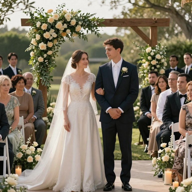 Los novios se dan la mano en un altar al aire libre, bajo un arco floral, con los invitados sentados a ambos lados